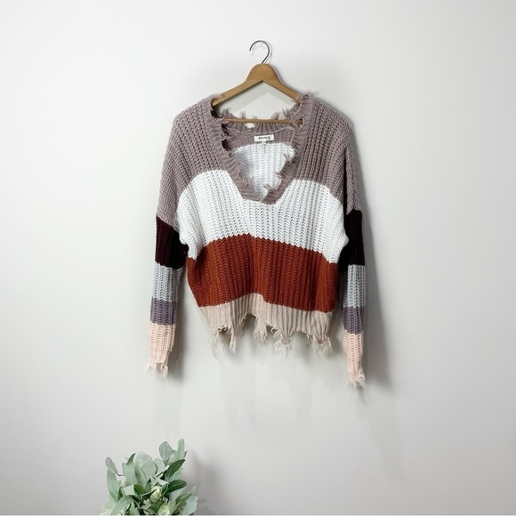 Women's Size: S/M Mauve, Orange, & White Colorblock Distressed V-Neck Sweater - Picture 1 of 7